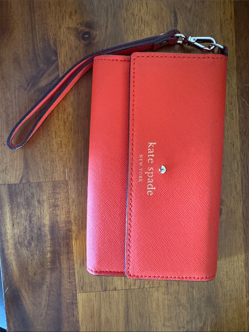 kate spade Coral-Red Saffiano Leather Wristlet Wallet with Strap
